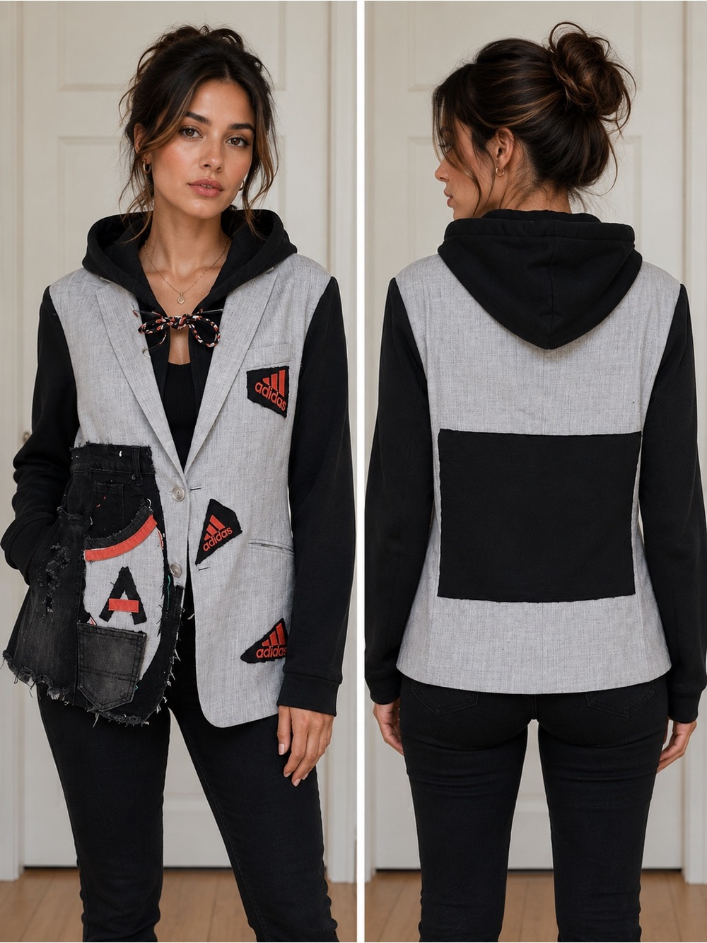 Upcycled adidas inspired Two-Tone Black & Gray Hoodie Blazer size L